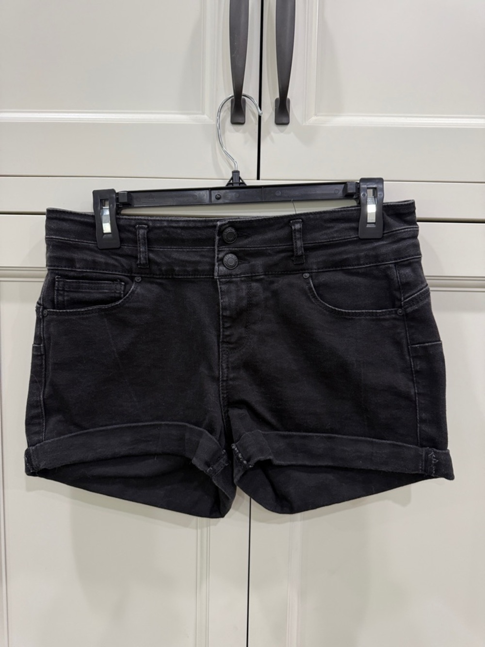 WAX JEAN “BUTT I LOVE YOU” BLACK DENIM SHORTie Shorts Womens Large stretch